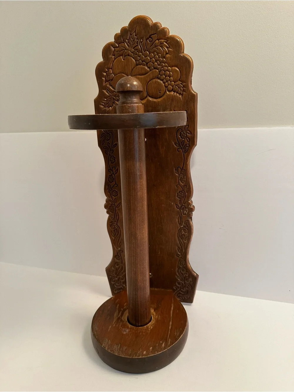 Carved Wooden Paper Towel Holder in Warm Brown